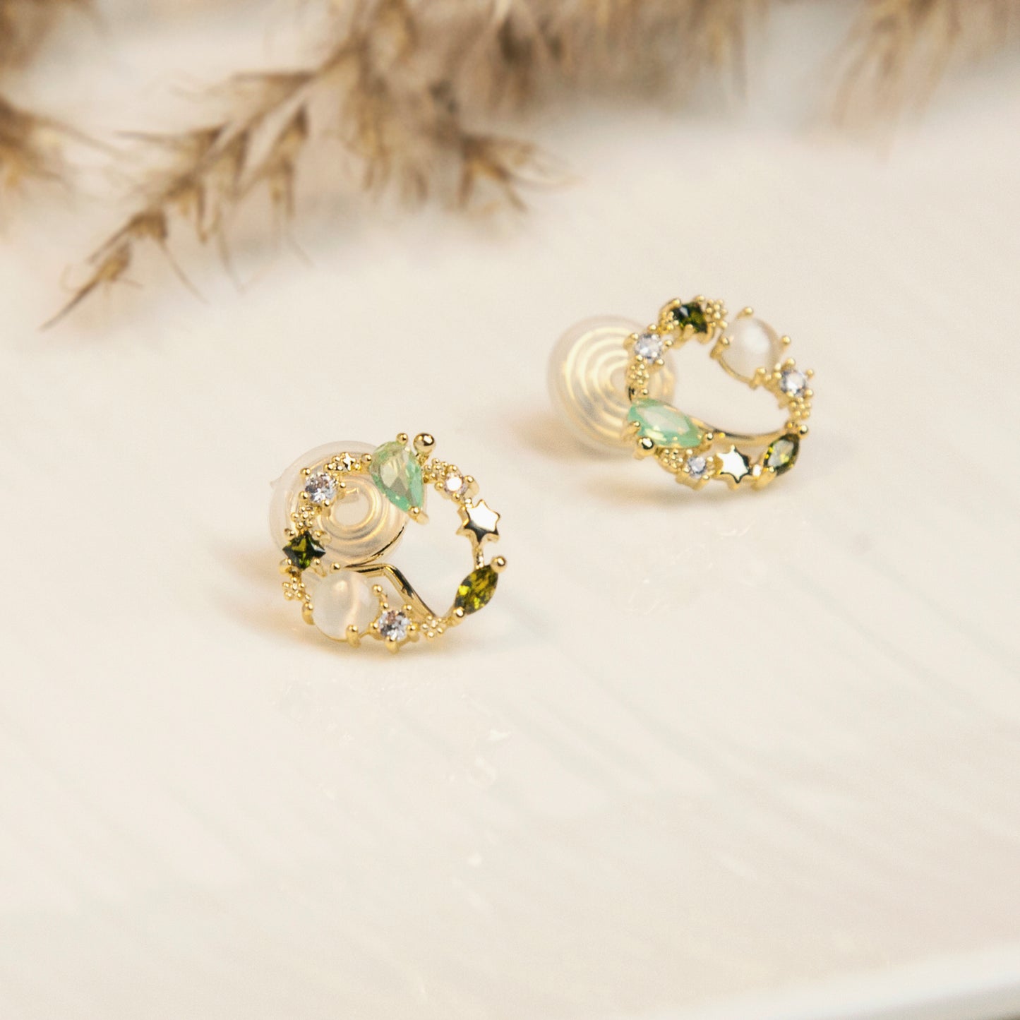 Green Gemstone Crystal Wreath Clip On Earrings, Gold Opal Diamond Open Circle Studs, Floral Star Wreath Stud Earrings, Non Pierced Earrings
