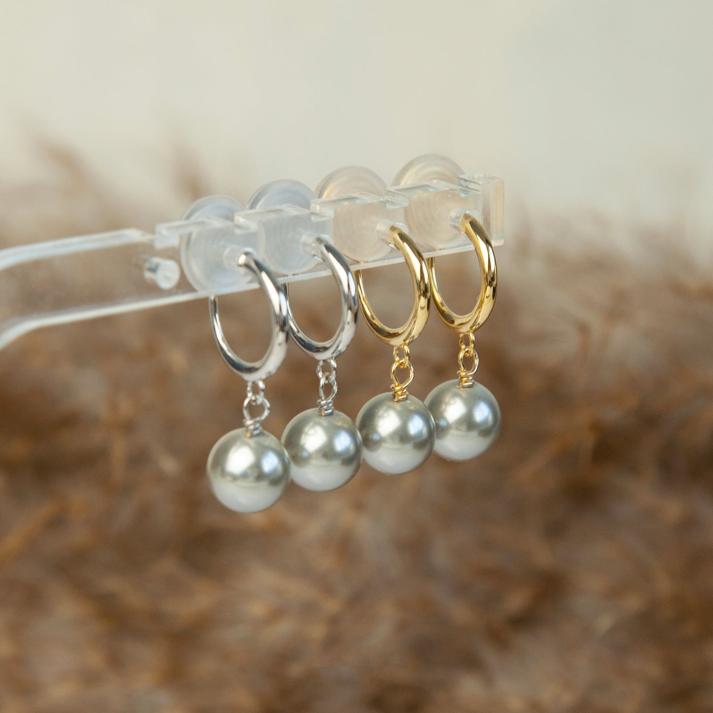 Grey Pearls Dangle Clip On Earrings, Minimalist Dangle Pearls Earrings, Dangle Hoop Pearls Earrings Non Pierced Earrings, Drop Pearl Earring