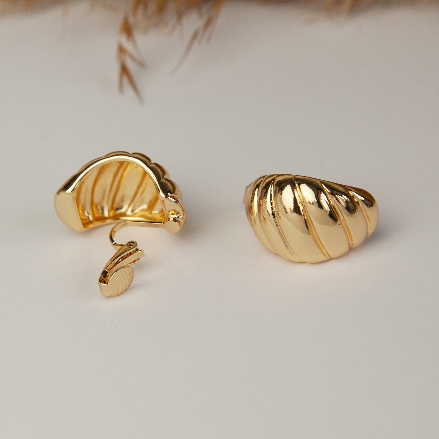 Large Croissant Stud Clip On Earrings, Modern Minimalist Earrings, Metal Effect Hinged Clip On Studs, Non Pierced Earrings, Shell Studs