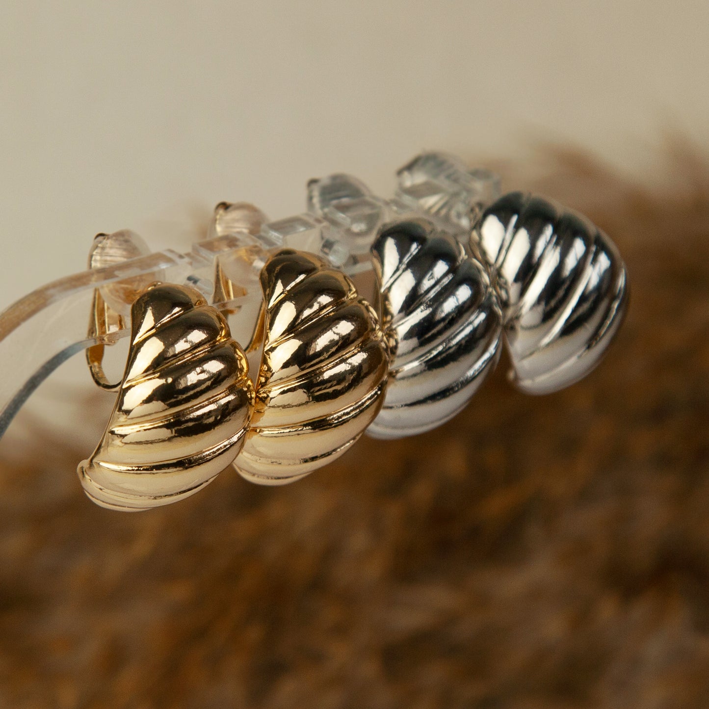 Large Croissant Stud Clip On Earrings, Modern Minimalist Earrings, Metal Effect Hinged Clip On Studs, Non Pierced Earrings, Shell Studs