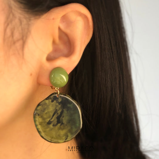 Large Green Disk Dangle Geometric Clip On Earrings, Large Minimal Ear Clip Non Pierced Circle Drop Earrings