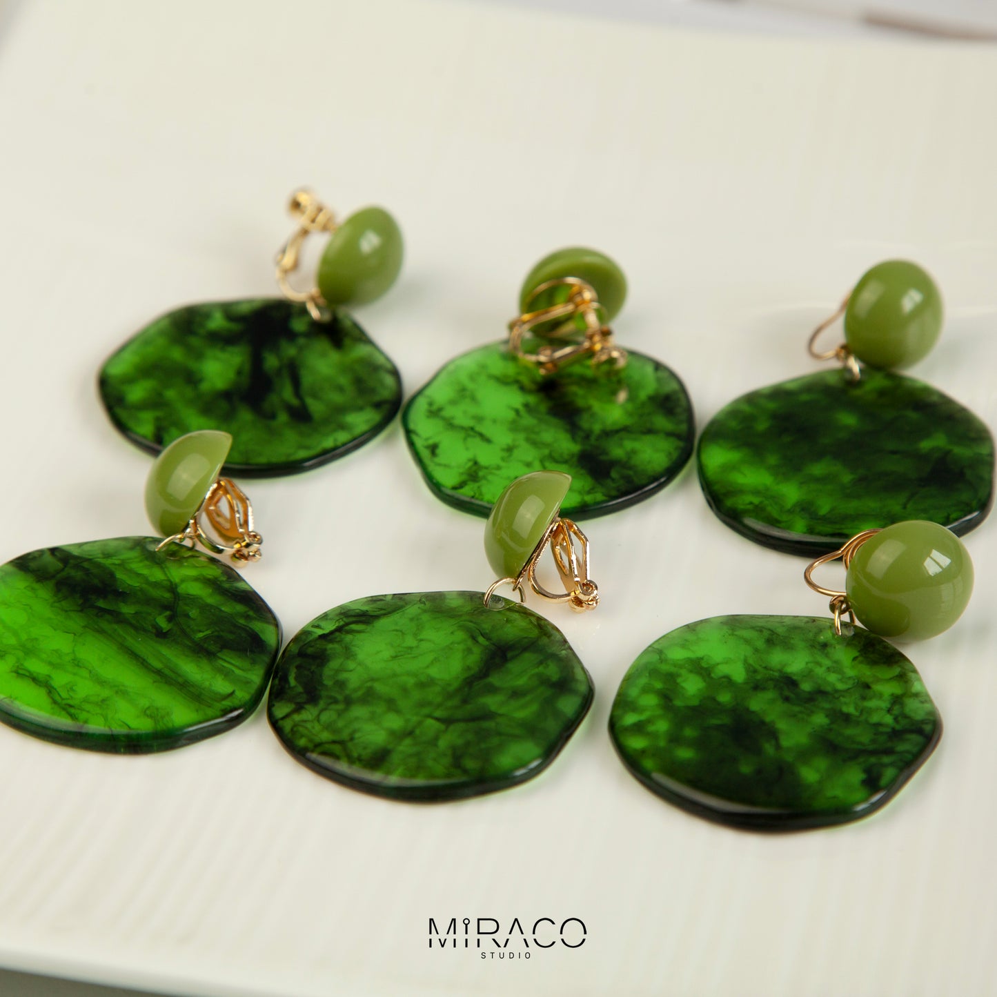 Large Green Disk Dangle Geometric Clip On Earrings, Large Minimal Ear Clip Non Pierced Circle Drop Earrings