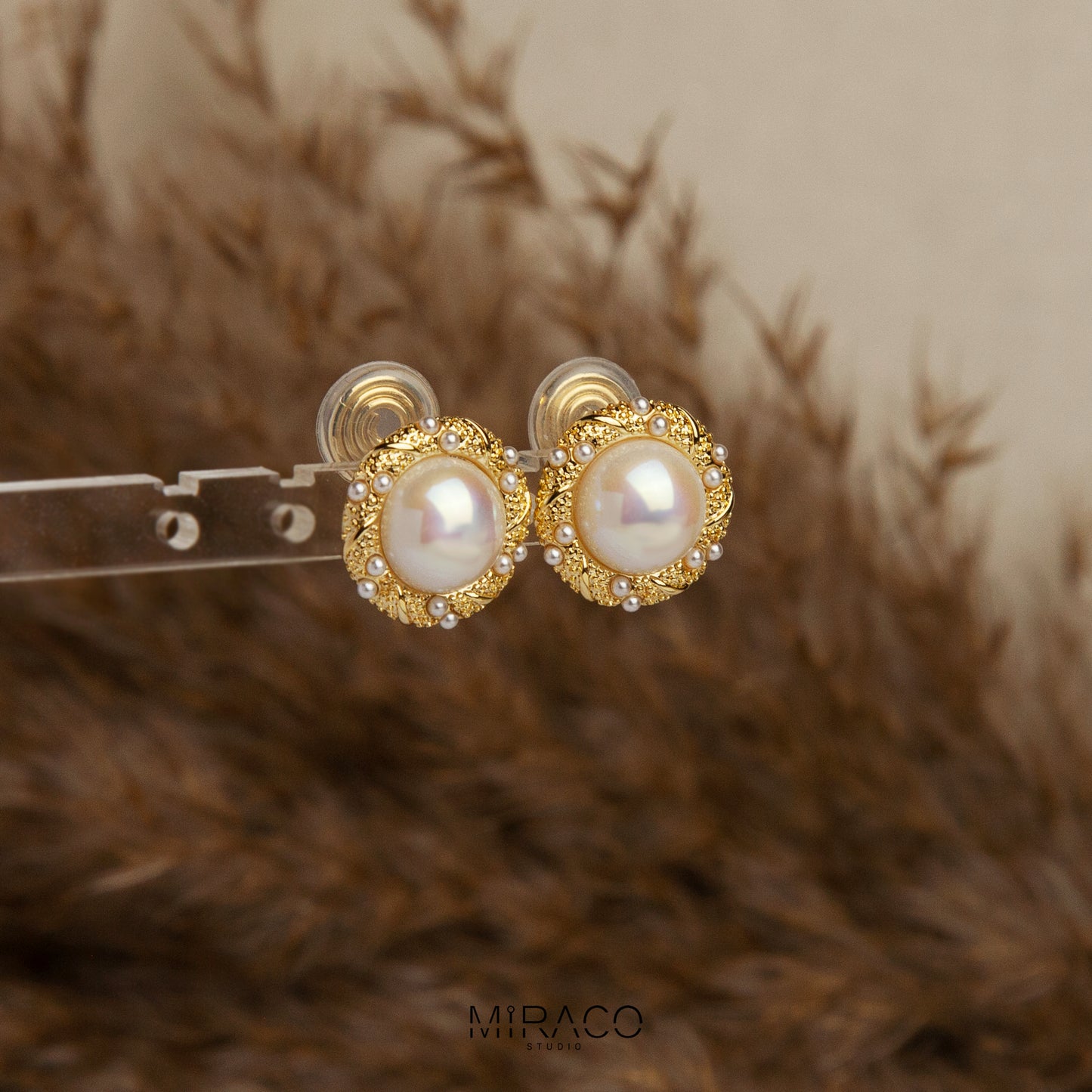 Large Pearl Clip-On Earrings, Gold Rim Round Button Non-Pierced Earrings, Retro Gold Pearl Studs, Clip On Studs Non-Pierced Earrings