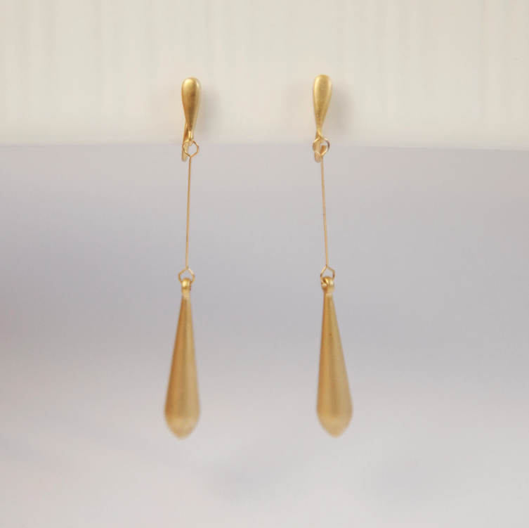 Matt Gold Plated Teardrop Dangle Earrings, Invisible Clip On Drop Earrings, Gold Dangle Spring Clips Earrings