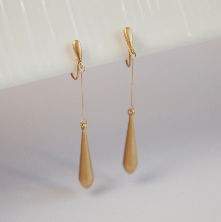 Matt Gold Plated Teardrop Dangle Earrings, Invisible Clip On Drop Earrings, Gold Dangle Spring Clips Earrings