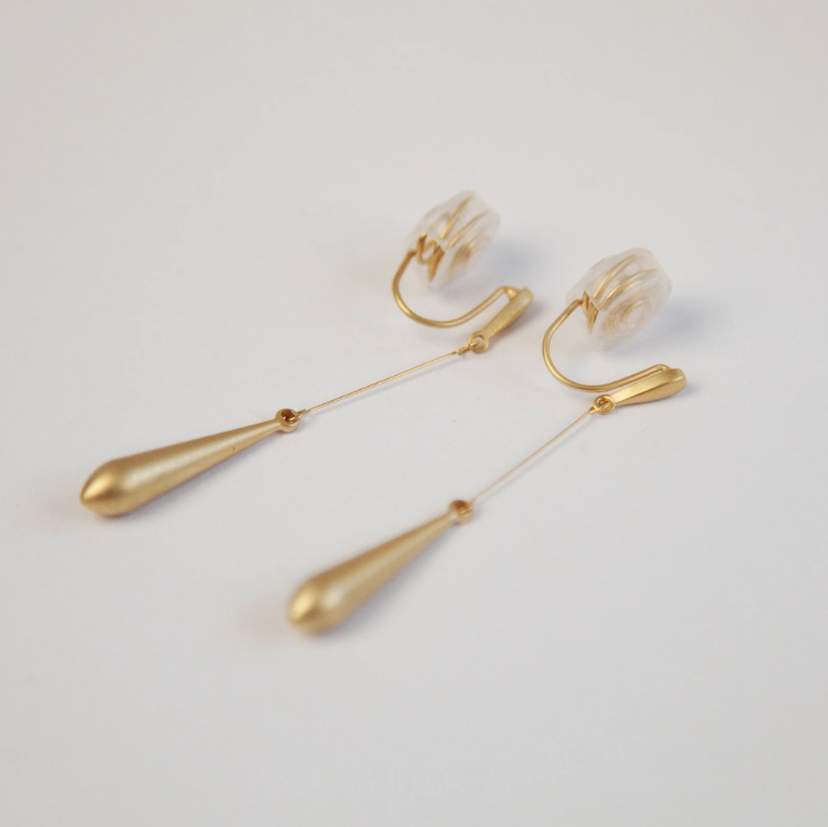 Matt Gold Plated Teardrop Dangle Earrings, Invisible Clip On Drop Earrings, Gold Dangle Spring Clips Earrings
