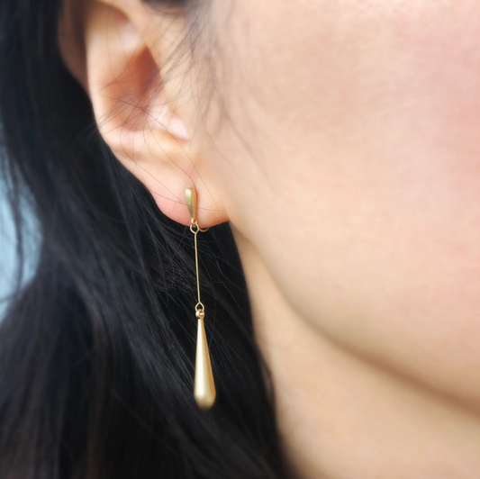 Matt Gold Plated Teardrop Dangle Earrings, Invisible Clip On Drop Earrings, Gold Dangle Spring Clips Earrings