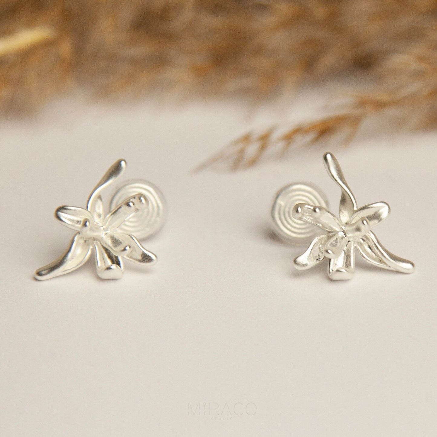Matt Silver Floral Studs, Non Pierced 3D Plant Jewelry Nature Inspired Floral Plant Earrings