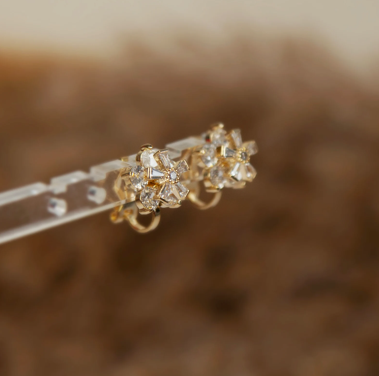 Mini-Clip Paddle Back Earrings, Clear Crystal Stud Earrings, Non-Pierced Flower Earrings