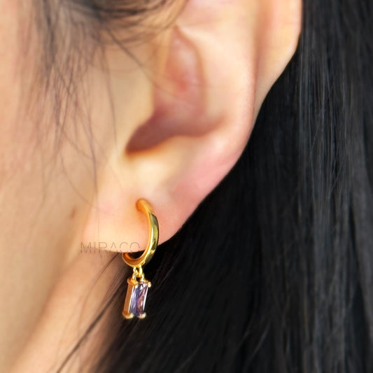 Minimalist Dangle Crystal Earrings, Dangle Hoop Non Pierced Earrings, Purple or Light Blue Stones, Clip On Dangle Earrings