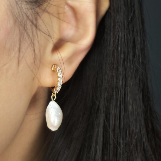 Minimalist Dangle Hoop Pearls Earrings with Pave Diamonds Hoops Pearl Non Pierced