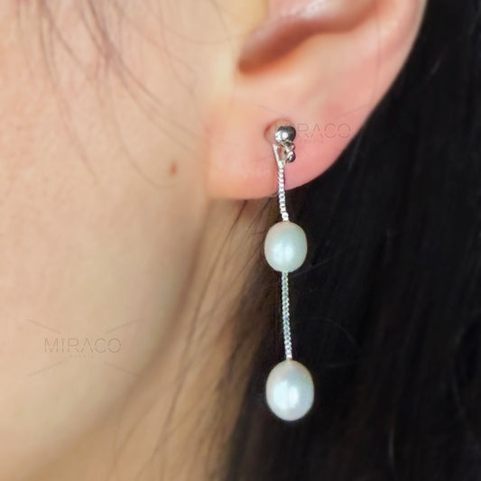 Minimalist Dangle Pearls Earrings, Double Pearls Tassel Earring Freshwater Pearl Non Pierced Earrings