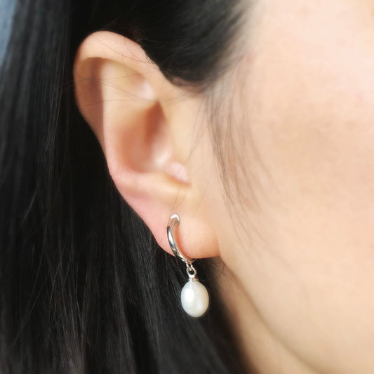 Minimalist Dangle Pearls Earrings, Dangle Hoop Pearls Earrings, Freshwater Pearl Non Pierced Earrings