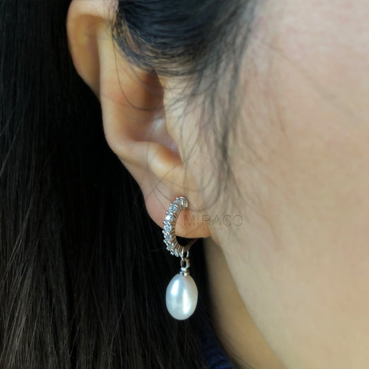 Minimalist Dangle Pearls Earrings, Diamond Hoop Pearl Earrings, Freshwater Pearl Non Pierced Earrings