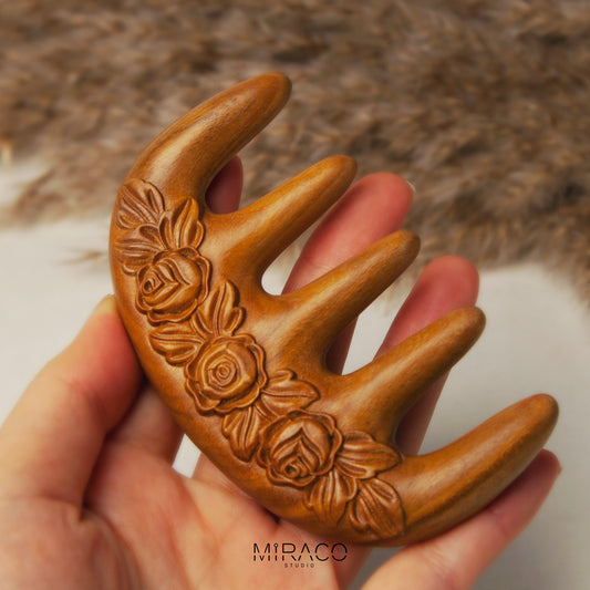 Rose Carved Green Sandalwood Massage Comb – Wide Tooth Wooden Comb