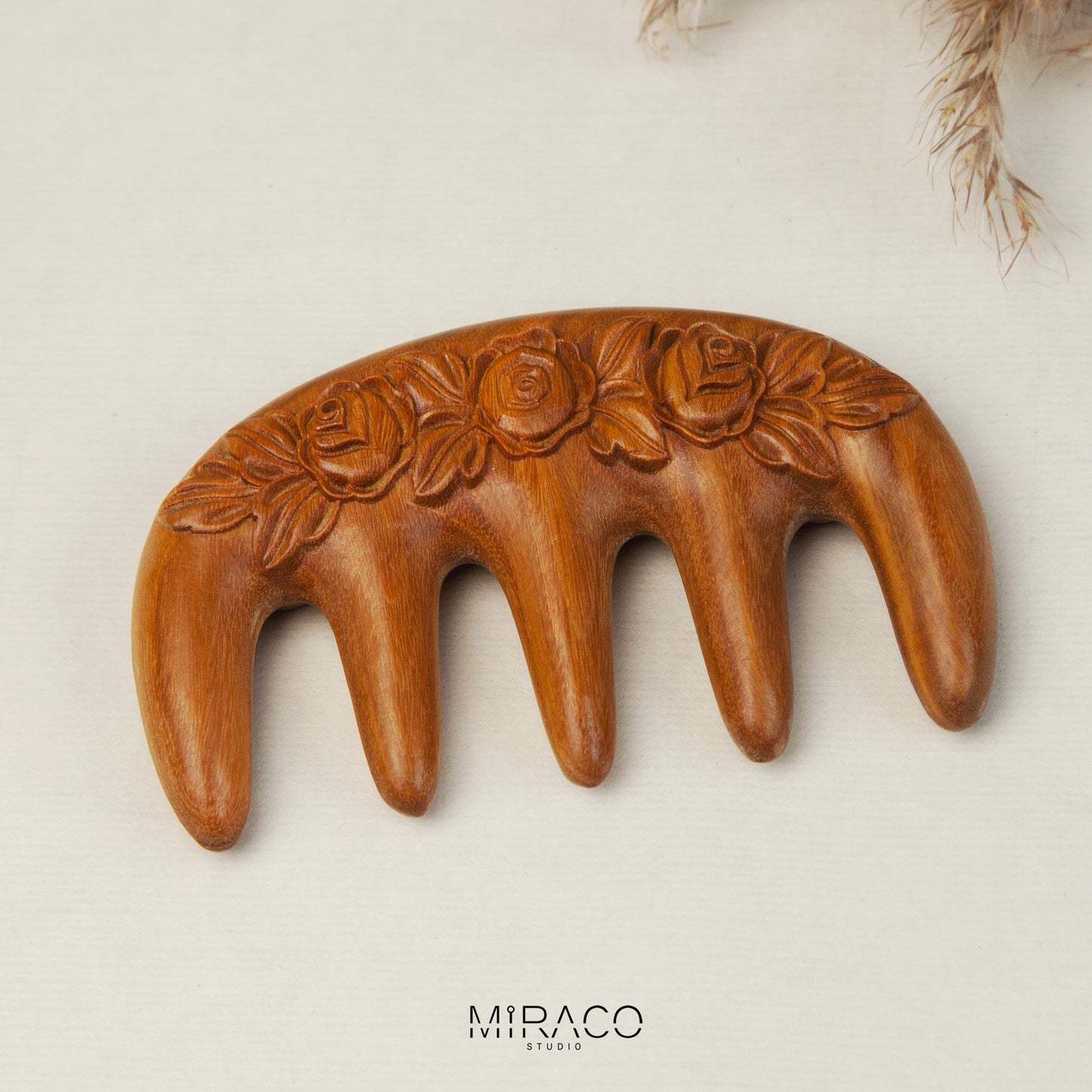 Rose Carved Green Sandalwood Massage Comb – Wide Tooth Wooden Comb