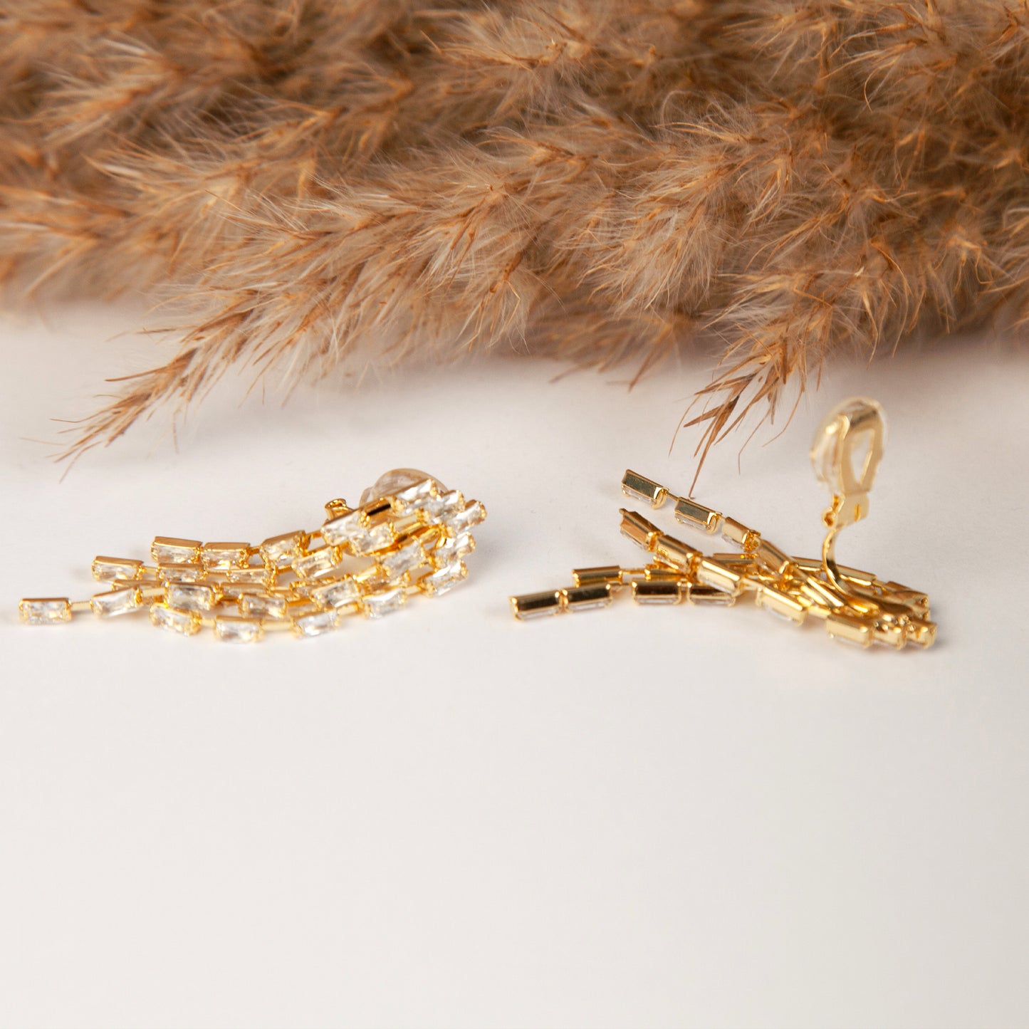 Clip On Diamond Cascade Earrings, Mini-Clip Waterfall Fringe Earrings, Clear Crystal Diamante Dangle Drop Non-Pierced Bridal Wedding Earring