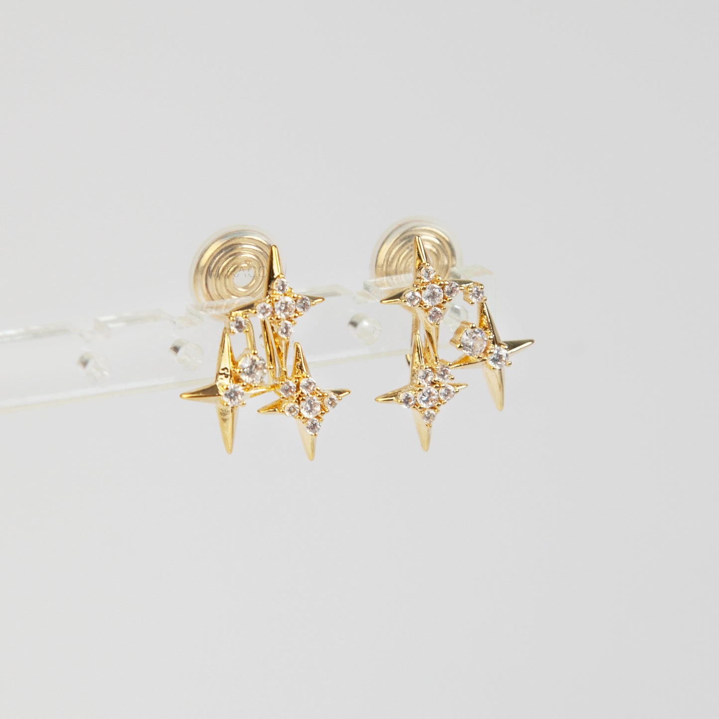 Crystal Star Stud Earrings, Gold Plated CZ Stud Earrings, Four Points Star Earrings, Gold Star Clip On Earrings, Non Pierced Earrings