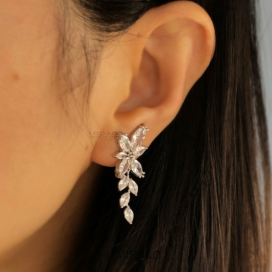 Leaf Diamond Clip-On Earrings – Silver Dangle Drop Statement Style