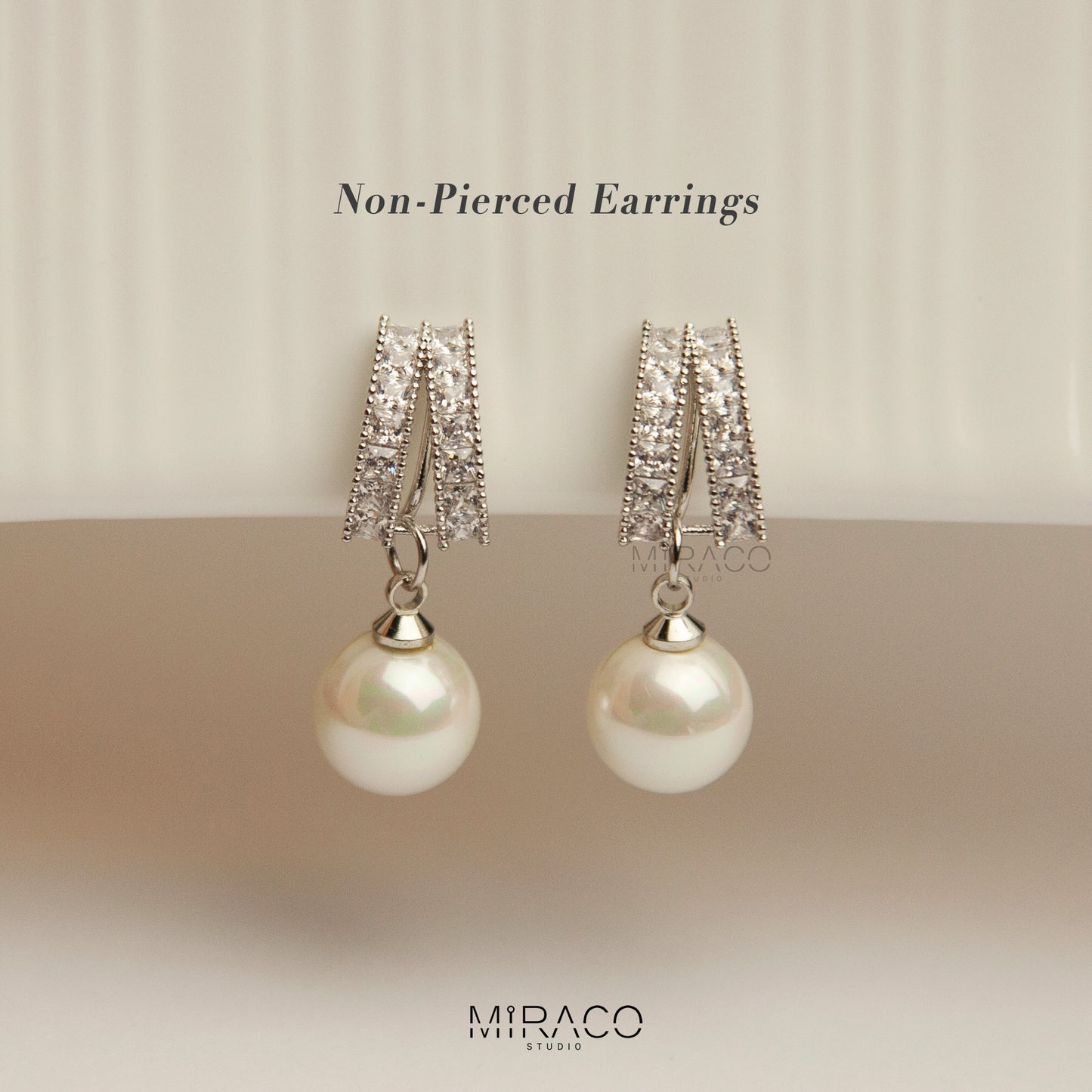 Dangle Clip On Pearl Earrings with Silver Pave Diamonds