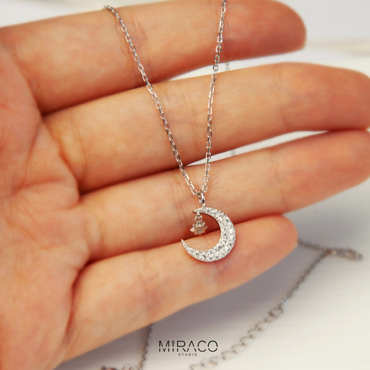 Moon Pendant Crystal Charm Necklace, Adjustable Choker Necklace, Gold Plated Celestial Necklace