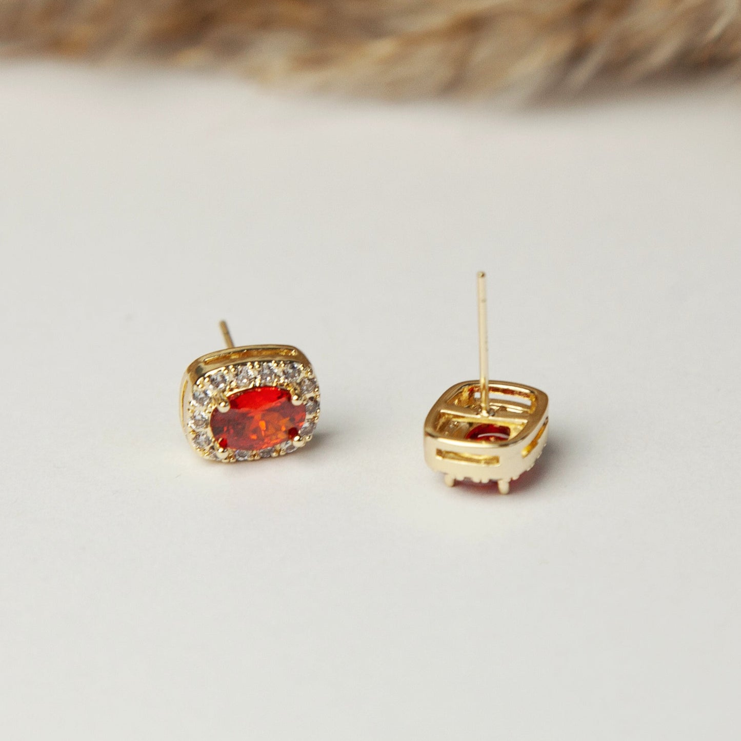 Non-Pierced Earrings with Red Gemstones, Red Crystal Stud Earrings with Gold Pave Crystal Diamonds
