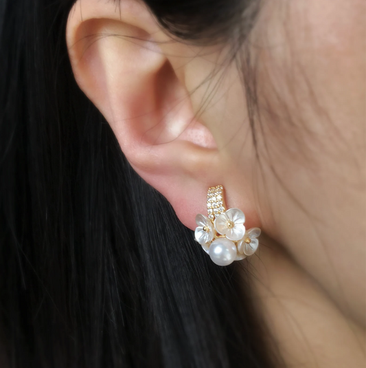 Non-pierced Earrings with Small Pearl and Pave Diamonds, Wedding Earrings, Bridal Earrings