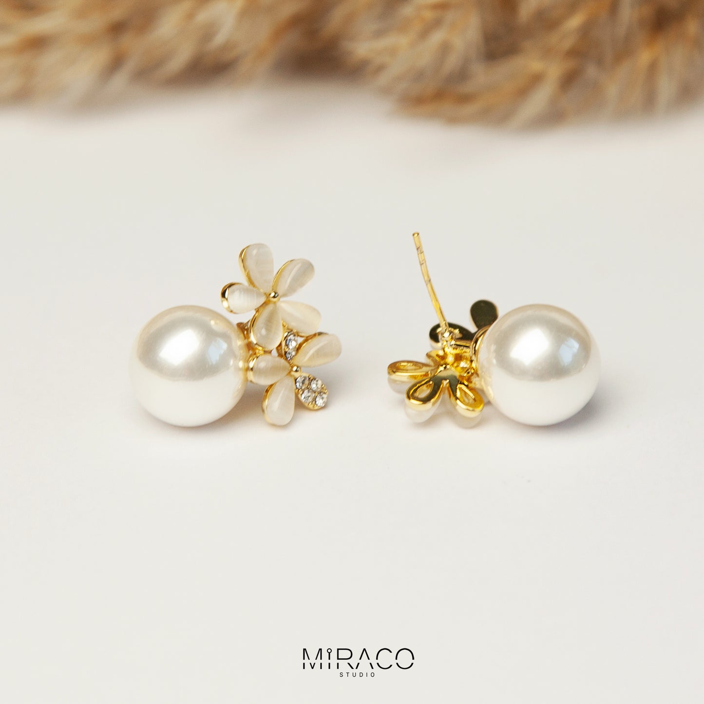 Non Pierced Earrings, Bridal White Pearls Studs, Gold Wedding Pearl Flower Earring