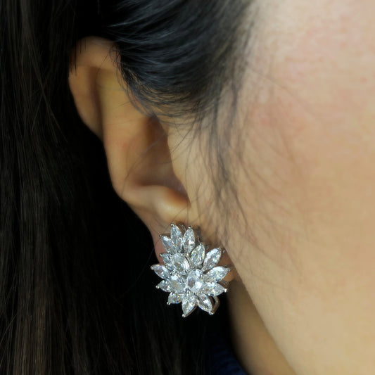 Paddle Back Clips Earrings, Clear Crystal Leaf Plant Studs, Party Bridal Non-Pierced Earrings