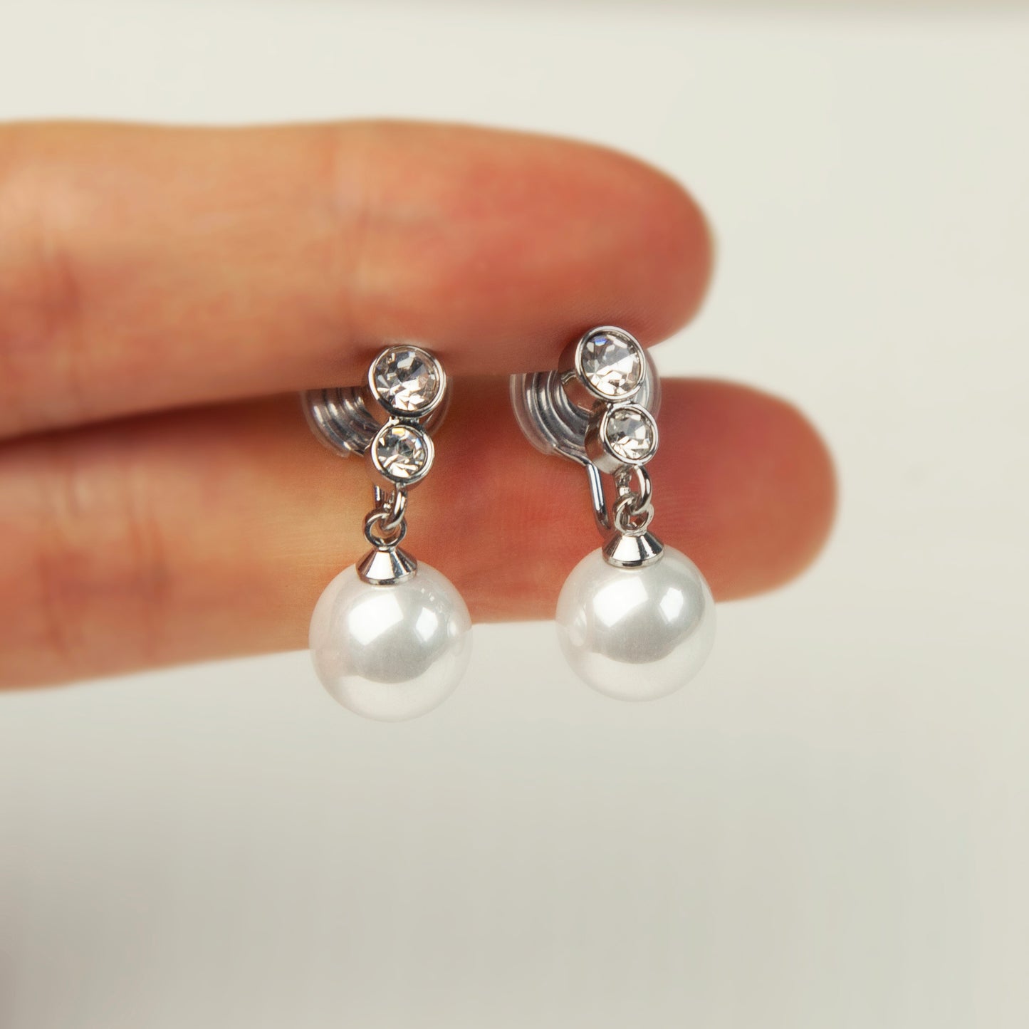 Pearls Dangle Clip On Earrings With CZ, White Pearl Drop Earring, Silver Pearls Crystal Non Pierced Earring, Wedding Bridal Pearl Earrings