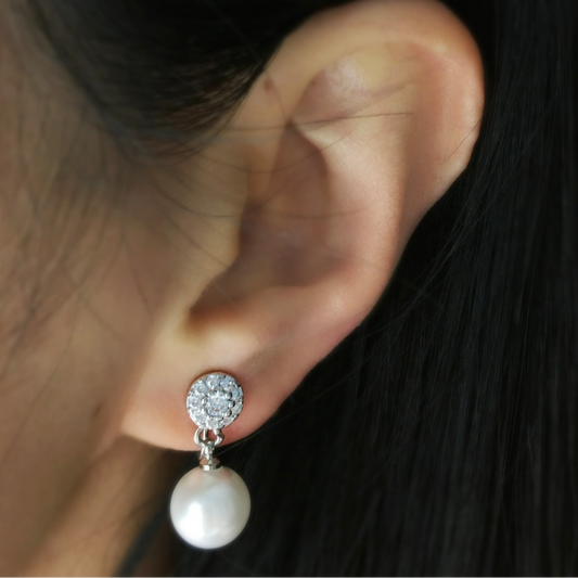 Pearls Dangle Clip On Earrings with Silver Round Pave Diamond, Bridesmaids CZ Crystals Dangle Pearls Non Pierced Earrings