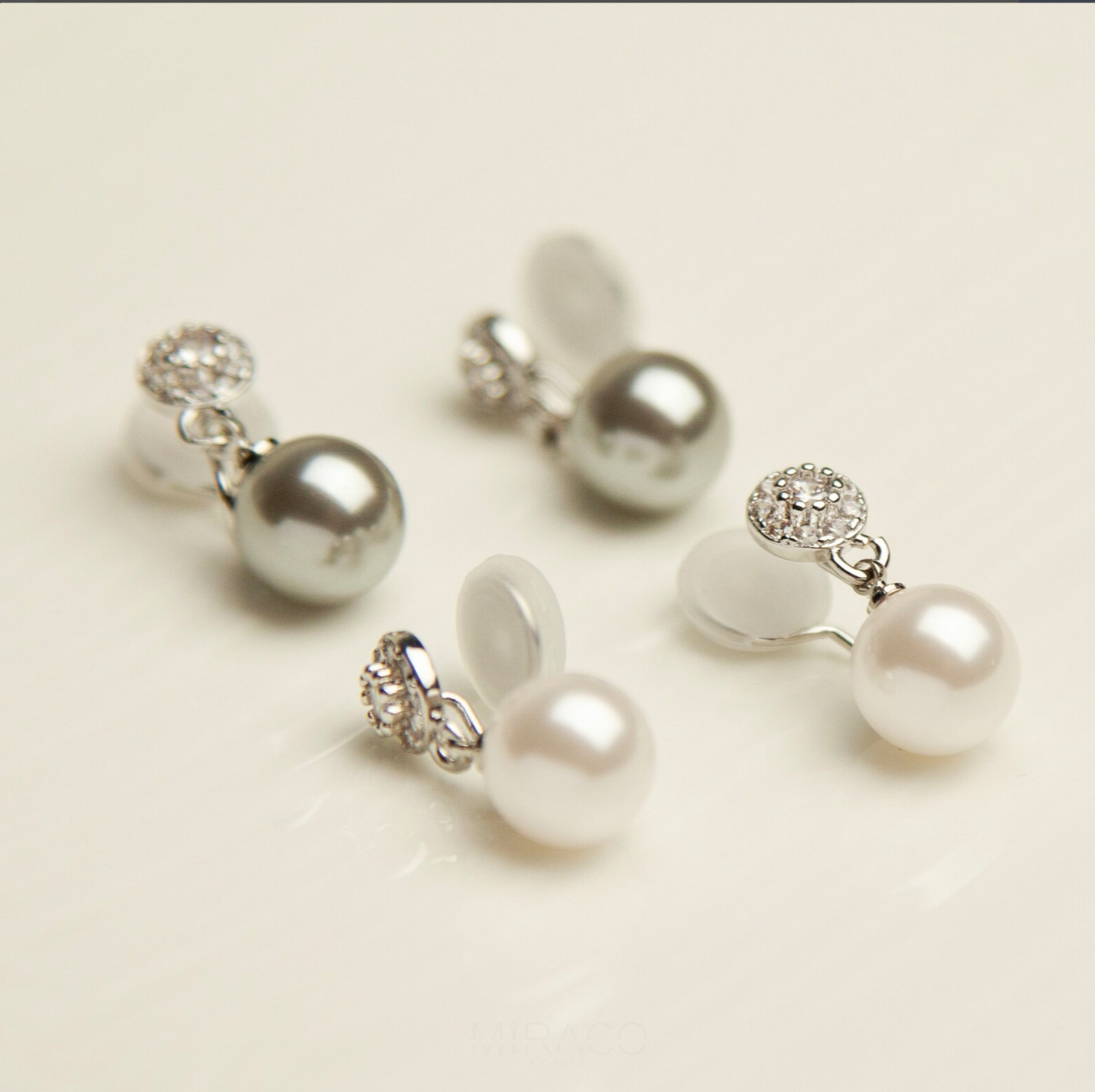Pearls Dangle Clip On Earrings with Silver Round Pave Diamond, Bridesmaids CZ Crystals Dangle Pearls Non Pierced Earrings