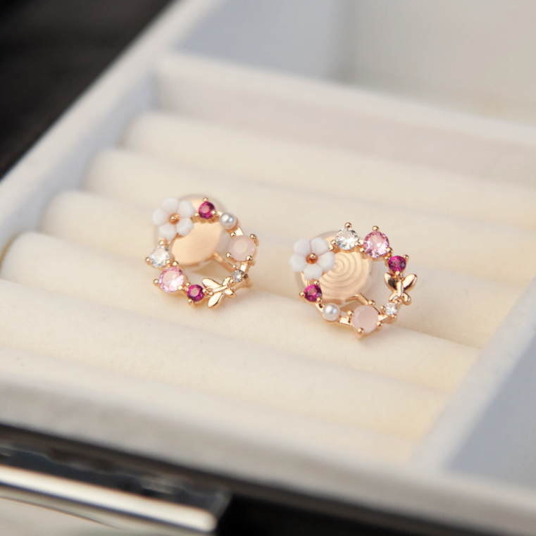 Pink Crystal Floral Open Round Earrings, Rose Gold Plated CZ Circle Stud Earrings, Gemstone Wreath Clip On Earrings, Non Pierced Earrings