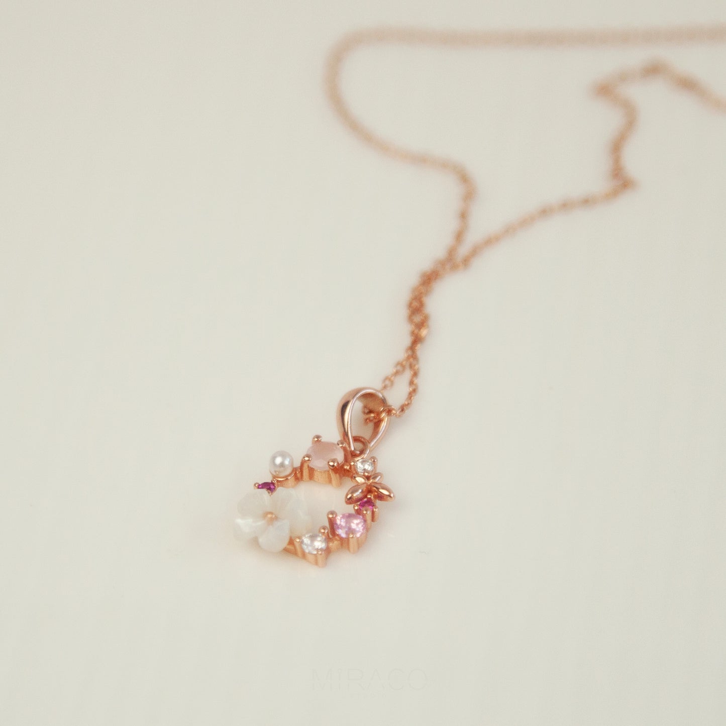 Pink Dainty CZ Rose Necklace, Plant Necklace, Flower Wreath Pendant, Gift for Her