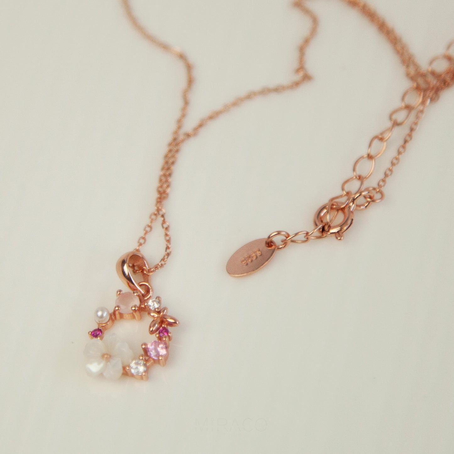 Pink Dainty CZ Rose Necklace, Plant Necklace, Flower Wreath Pendant, Gift for Her