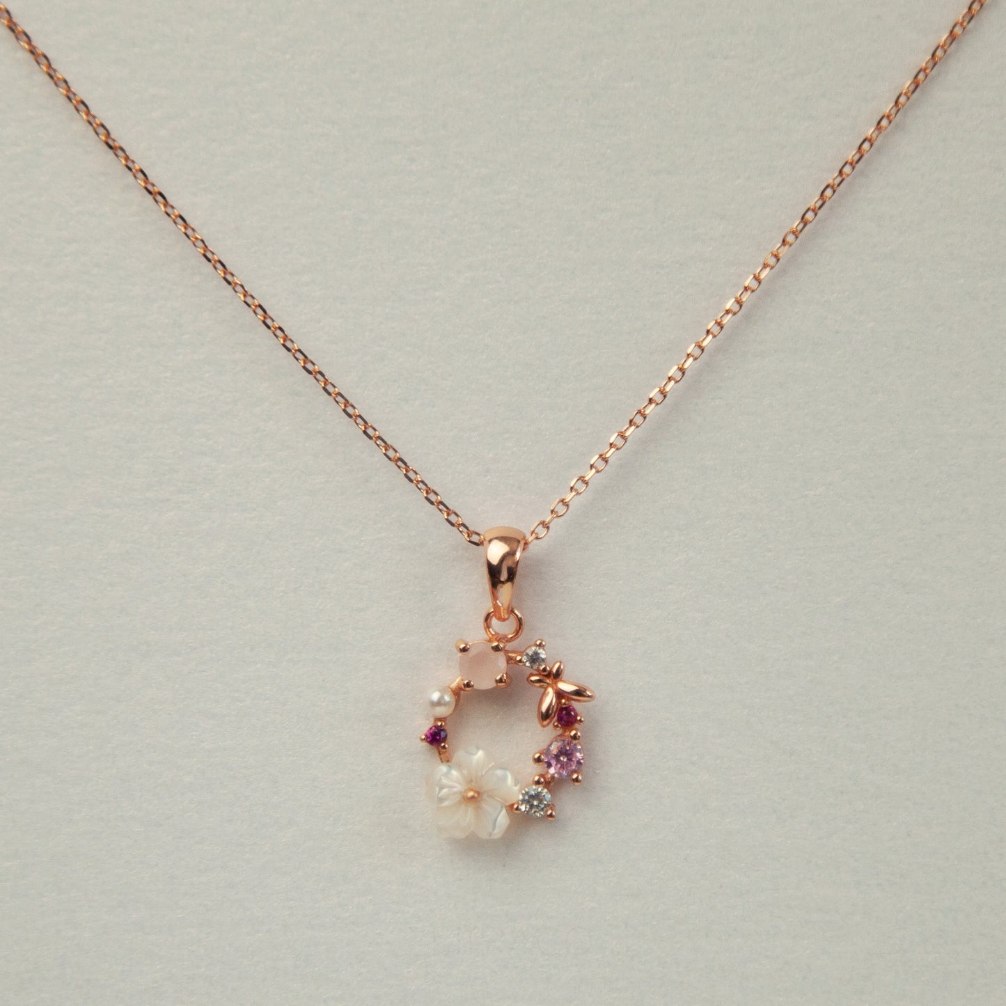 Pink Dainty CZ Rose Necklace, Plant Necklace, Flower Wreath Pendant, Gift for Her