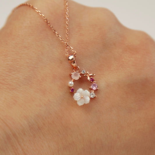 Pink Dainty CZ Rose Necklace, Plant Necklace, Flower Wreath Pendant, Gift for Her