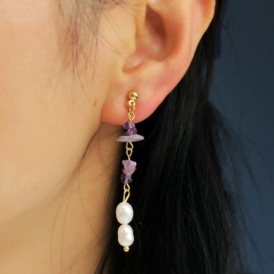 Purple Stone Freshwater Pealrs Earrings, Non Pierced Long Chain Tassel Purple Earrings