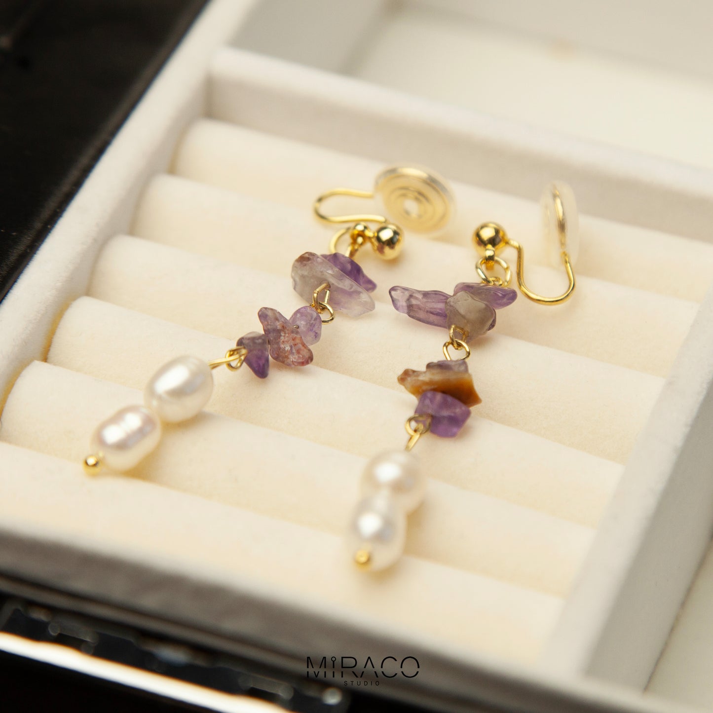 Purple Stone Freshwater Pealrs Earrings, Non Pierced Long Chain Tassel Purple Earrings