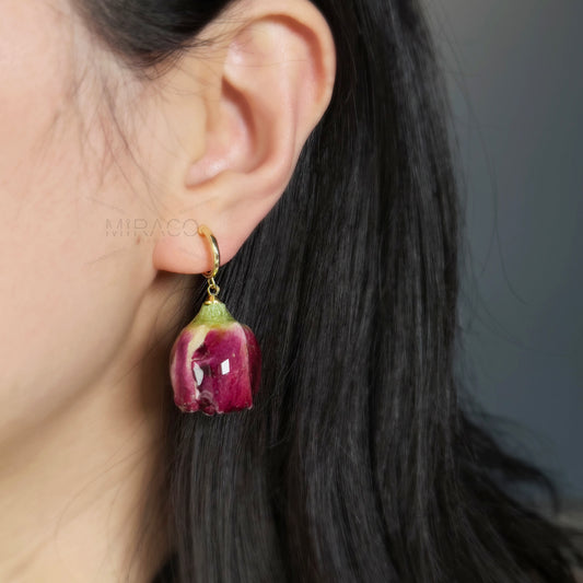 Real Rose Flower Dangle Hoop Earrings, Floral Resin Earrings, Purple Red Floral Rosebuds Earrings