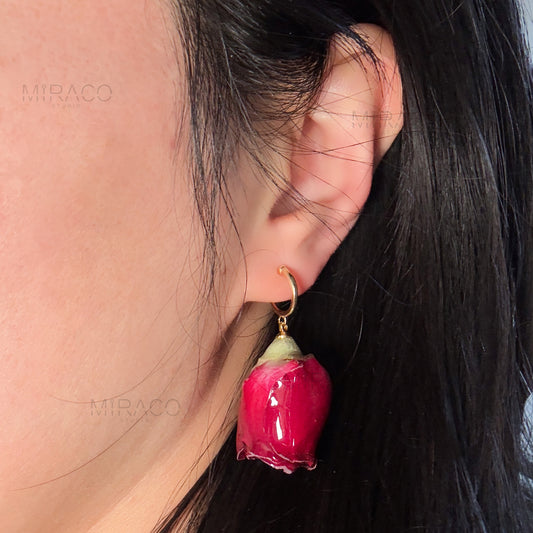 Real Rose Flower Dangle Hoop Earrings, Floral Resin Earrings, Purple Pink Floral Rosebuds Earrings