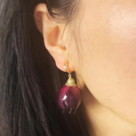 Real Rose Flower Dangle Hoop Earrings, Floral Resin Earrings, Red Purple Floral Rosebuds Earrings (flowers naturally unique and may exhibit slight variations in size, shape, and colour.)