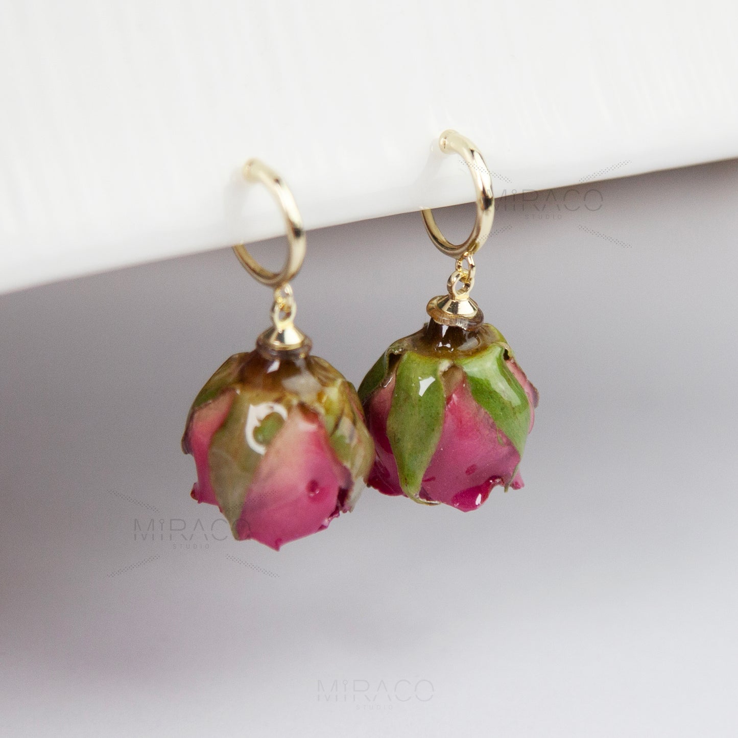 Real Rose Flower Dangle Hoop Earrings, Floral Resin Earrings, Purple Pink Floral Rosebuds Earrings
