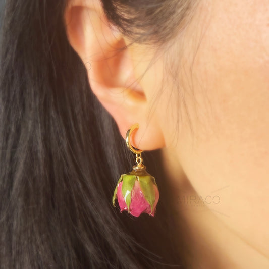 Real Rose Flower Dangle Hoop Earrings, Floral Resin Earrings, Purple Pink Floral Rosebuds Earrings