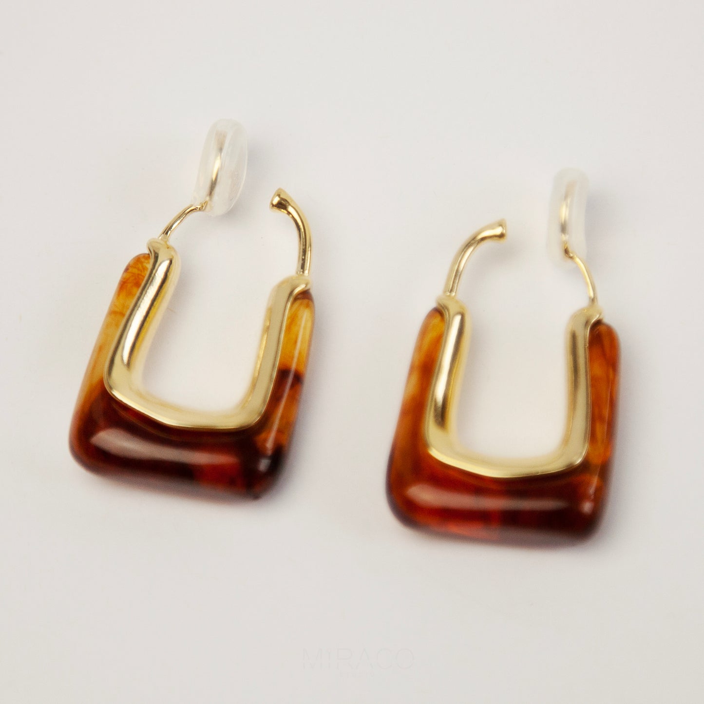 Rectangle Hoop Invisible Coil Back Earrings, Golden Brown Huggie Hoops Non Pierced Clip On Earrings