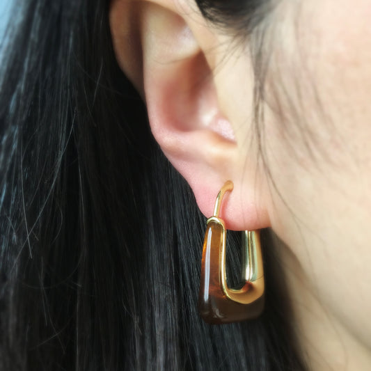 Rectangle Hoop Invisible Coil Back Earrings, Golden Brown Huggie Hoops Non Pierced Clip On Earrings