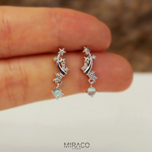 Sterling Silver Shooting Star Stud Dangle Earrings with Teal Crystal Diamonds, Dainty Sterling Silver Earrings, Light Blue Diamond Earrings, Sterling Silver Earrings Gift for Girls -DETAILS-
• Material: 925 sterling silver
• Dimensions: 18mm *6mm
• Sold as a pair
