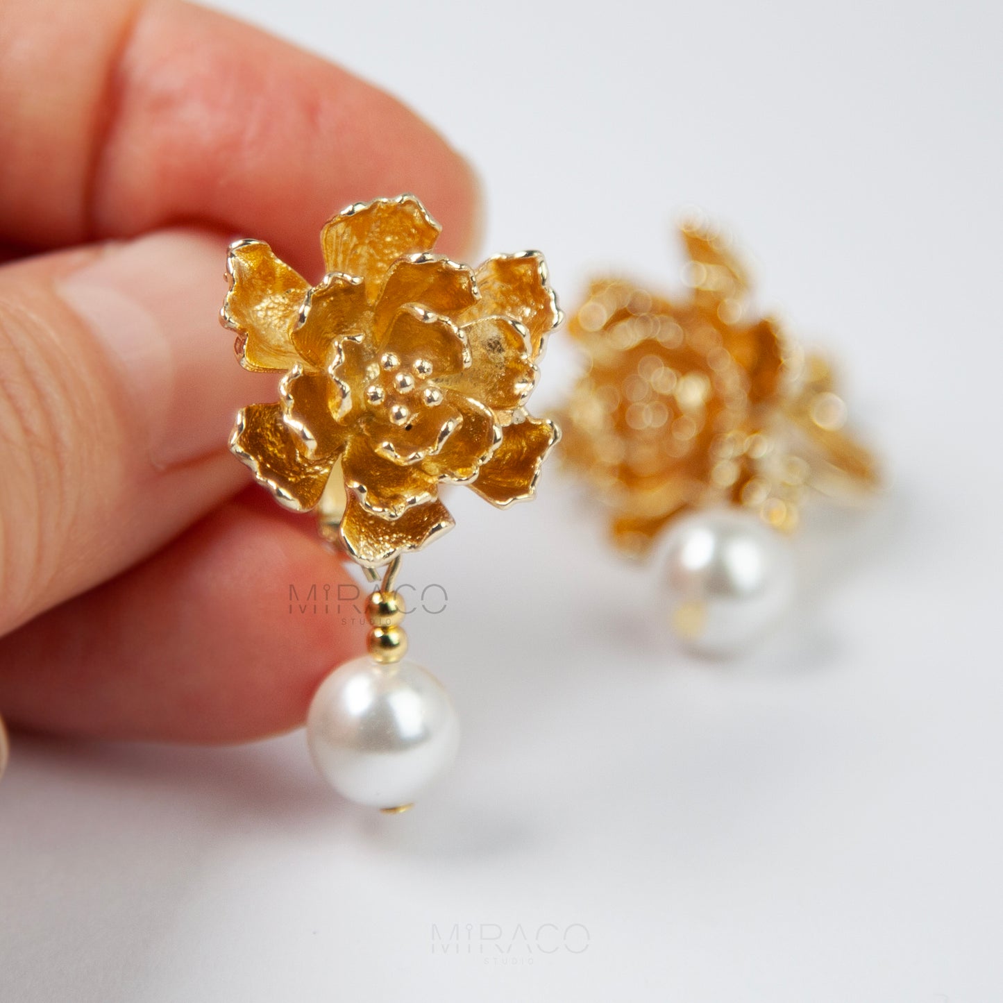 Screw Back Large Peonies Dangle Pearls Non Pierced Earrings,White Pearls Gold Flower Earrings