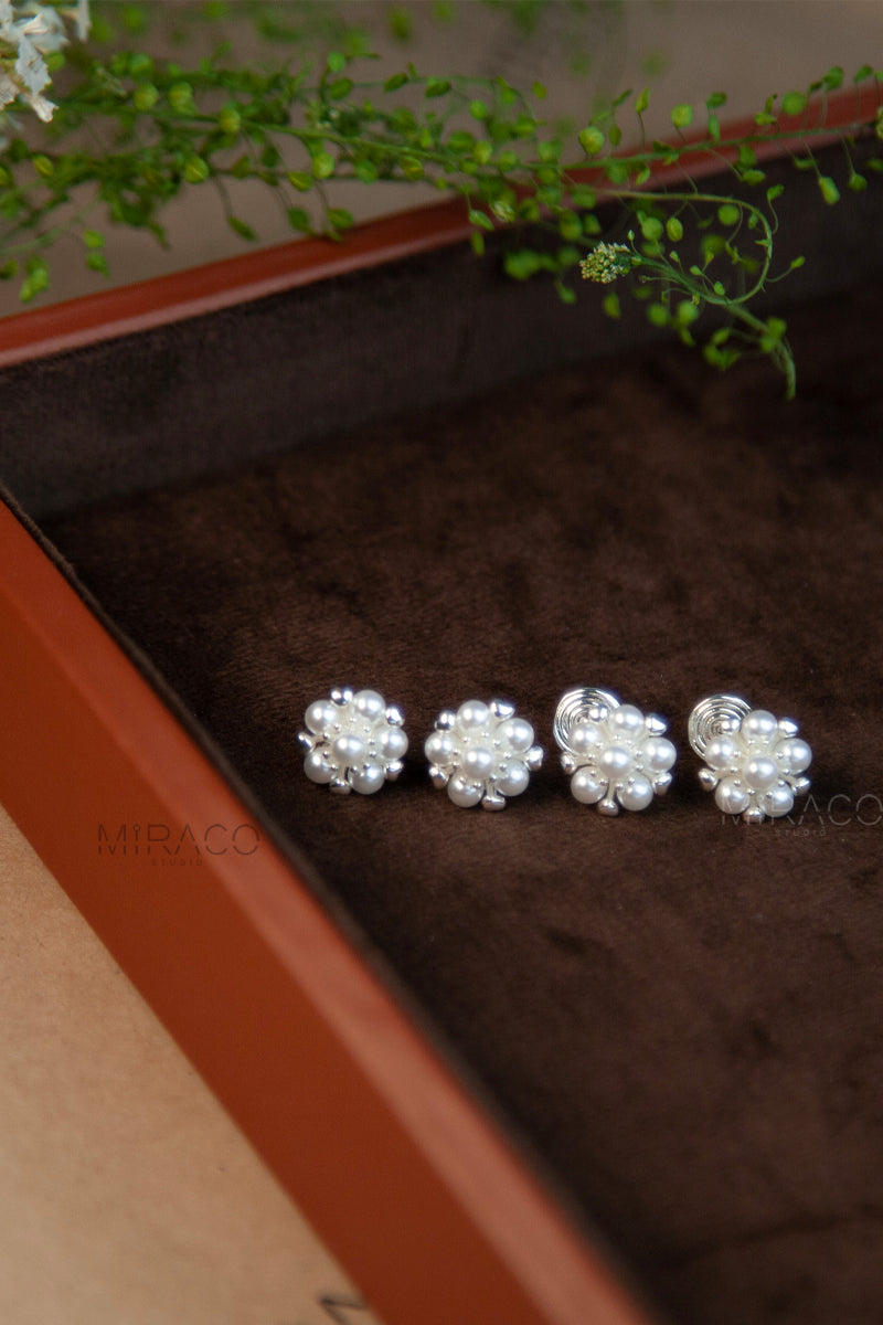 Silver-Tone Pearl Stud Earrings, Cream White Heart Floral Pearl Studs, Non Pierced Earrings