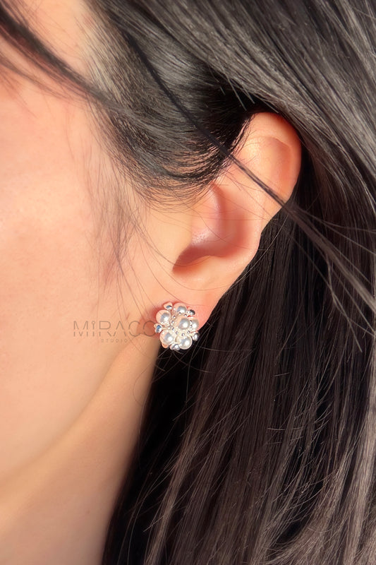 Silver-Tone Pearl Stud Earrings, Cream White Heart Floral Pearl Studs, Non Pierced Earrings